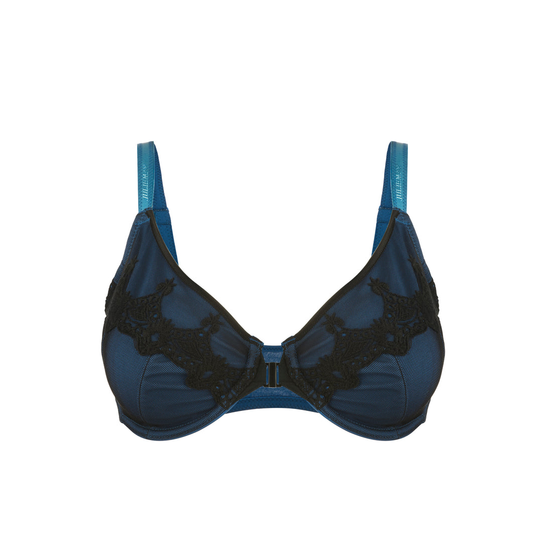 Elysia Navy Blue Silk and Organic Cotton Front Closure Full Cup Underwired Bra, front view – Juliemay Lingerie